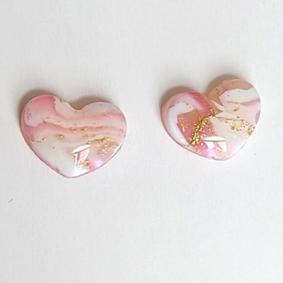 Boho Girly Dainty Mini Pink White Gold Agate Puffy Heart Studs Earrings - Picture 1 of 9